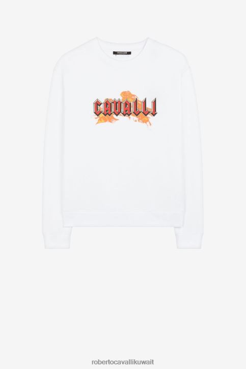Roberto Cavalli رجال البصرية الأبيض سويت شيرت بطبعة شعار الماركة ملابس 4H40H857