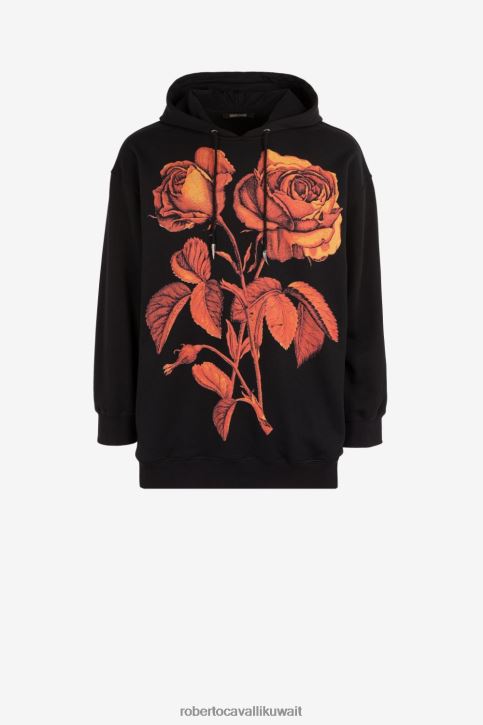 Roberto Cavalli رجال أسود هوديي قطن بطبعة ورد ملابس 4H40H858