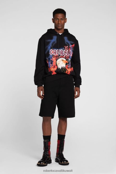 Roberto Cavalli رجال أسود سويت شيرت من القطن بطبعة النمر ملابس 4H40H861
