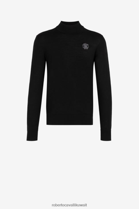 Roberto Cavalli رجال أسود سترة صوفية مطرزة بنقش الثعبان ملابس 4H40H879