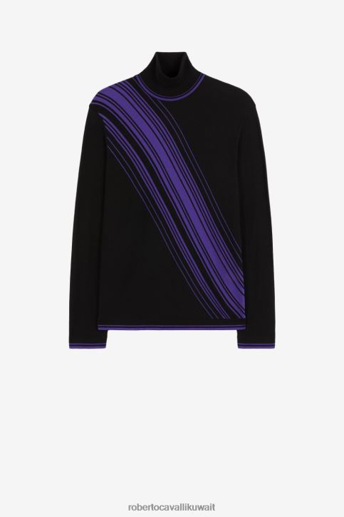 Roberto Cavalli رجال بنفسجي غامق/أسود سترة جاكار مخططة برقبة دائرية ملابس 4H40H893