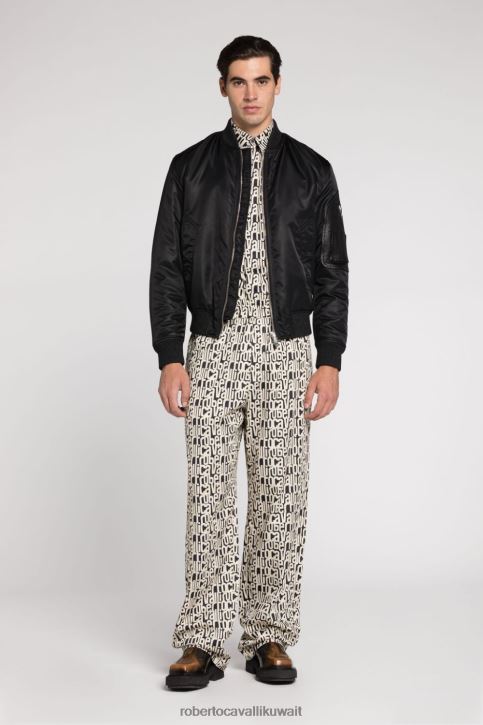 Roberto Cavalli رجال أسود سترة بومبر بطبعة شعار ملابس 4H40H895
