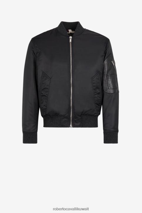 Roberto Cavalli رجال أسود سترة بومبر مطرزة بالشعار ملابس 4H40H896