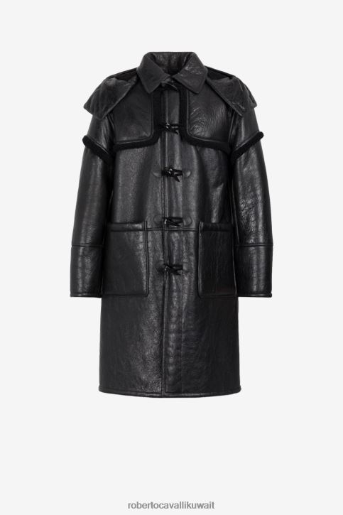 Roberto Cavalli رجال أسود معطف واق من الجلد ملابس 4H40H902