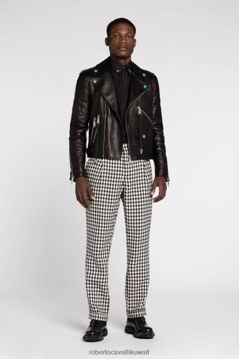 Roberto Cavalli رجال أسود معطف واق من الجلد ملابس 4H40H902