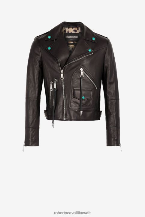 Roberto Cavalli رجال أسود سترة راكب الدراجة النارية الجلدية المزخرفة ملابس 4H40H903