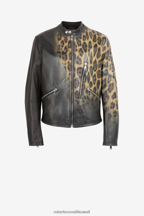 Roberto Cavalli رجال أنيق سترة بومبر من الجلد بطبعة جلد الفهد ملابس 4H40H914