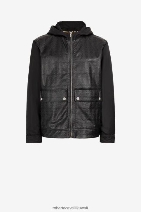 Roberto Cavalli رجال أسود سترة بغطاء رأس وطبعة مونوغرام ملابس 4H40H925