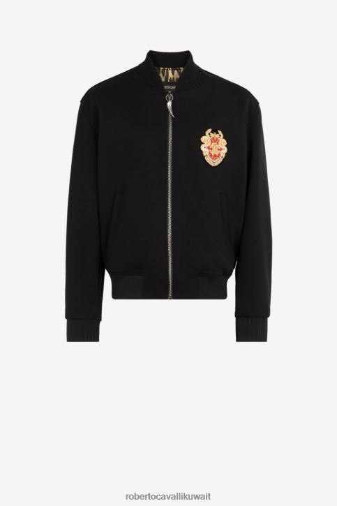 Roberto Cavalli رجال أسود جاكيت بومبر مزين بشعار آر سي ملابس 4H40H934