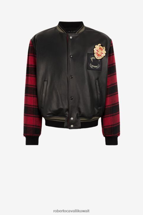 Roberto Cavalli رجال أسود جاكيت بومبر مزين بشعار آر سي ملابس 4H40H935