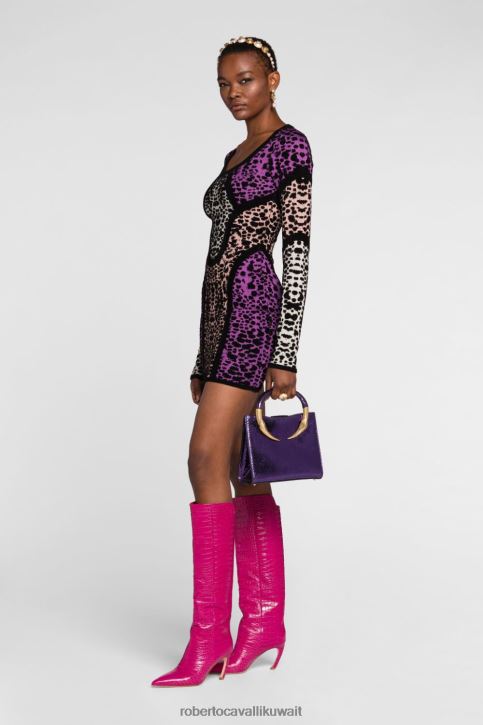 Roberto Cavalli نحيف موضة فستان قصير بفتحات وبروش النمر ملابس 4H40H93