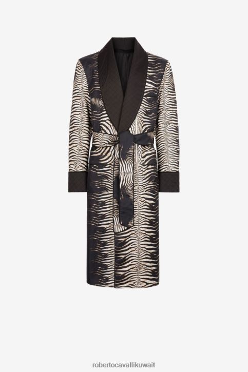 Roberto Cavalli رجال عاجي/متعدد الألوان أورو سترة تدخين حريرية بطبعة حمار وحشي ملابس 4H40H941