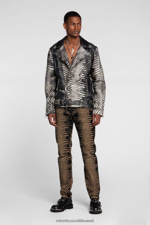 Roberto Cavalli رجال عاجي/متعدد الألوان أورو سترة تدخين حريرية بطبعة حمار وحشي ملابس 4H40H941
