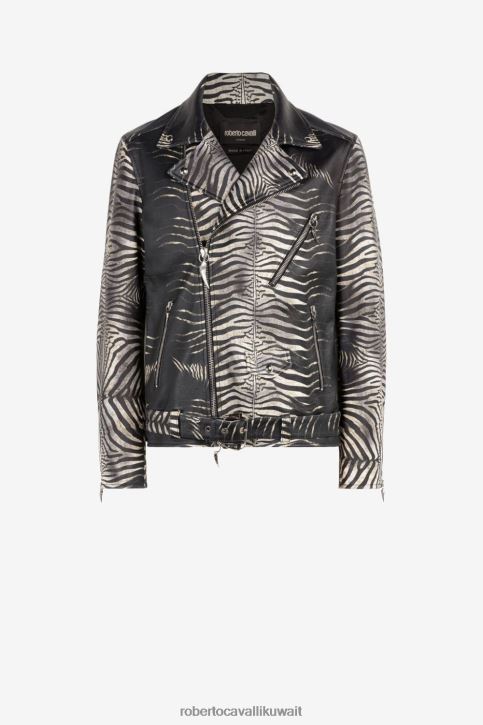Roberto Cavalli رجال عاجي/متعدد الألوان أورو سترة جلدية بطبعة حمار وحشي ملابس 4H40H942