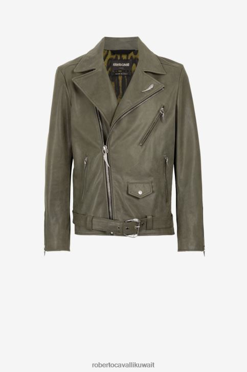 Roberto Cavalli رجال جيش سترة جلدية لراكبي الدراجات النارية على شكل أسنان النمر ملابس 4H40H943