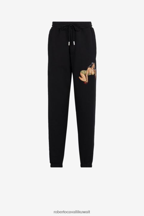 Roberto Cavalli رجال أسود بنطال رياضي من القطن المطرز ملابس 4H40H948