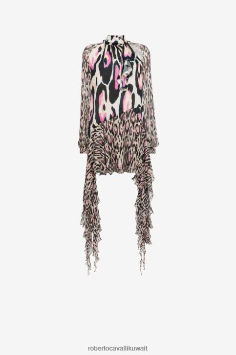 Roberto Cavalli نحيف موضة فستان قصير مزين بالكشكش وطبعات جاكوار ملابس 4H40H95
