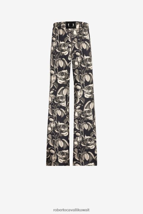Roberto Cavalli رجال فضي/أسود بنطال رياضي حرير بطبعات الورد ملابس 4H40H993
