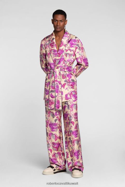 Roberto Cavalli رجال فضي/أسود بنطال رياضي حرير بطبعات الورد ملابس 4H40H993