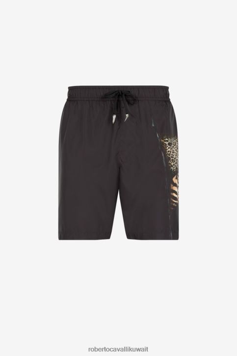 Roberto Cavalli رجال أسود شورت سباحة بطبعة الترقيع من تصميم Animalier ملابس 4H40H1054