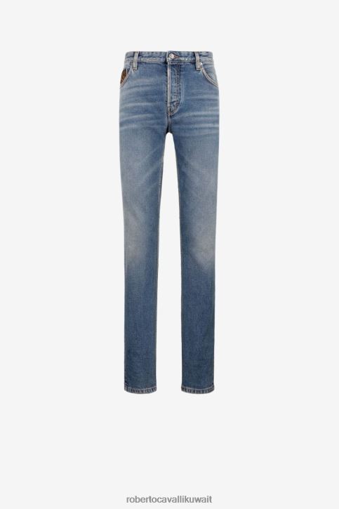 Roberto Cavalli رجال أزرق جينز مزين بطبعة خليط من تصميم Animalier ملابس 4H40H1067