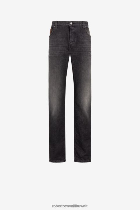 Roberto Cavalli رجال حار جينز بأرجل مستقيمة وطبعات مرقعة من تصميم Animalier ملابس 4H40H1071