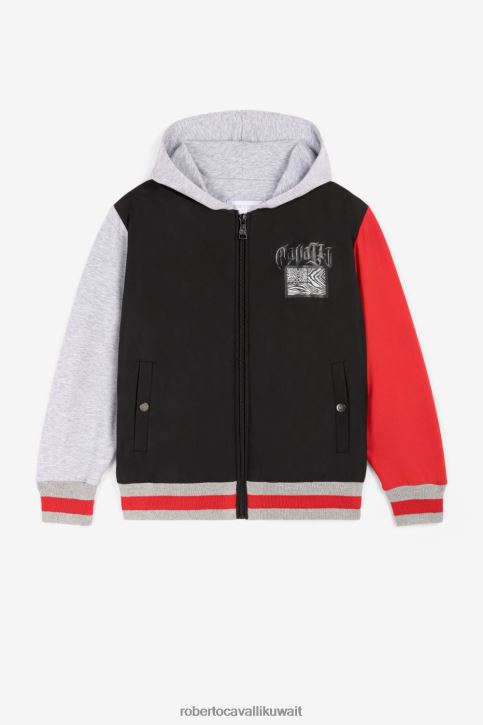 Roberto Cavalli أولاد أسود/أحمر/رمادي سترة رياضية بطبعة مرقعات من تصميم Animalier ملابس 4H40H1751