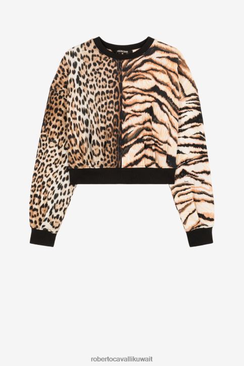 Roberto Cavalli نحيف العاج / الأسود كنزة من القطن بطبعة خليط من تصميم Animalier ملابس 4H40H295