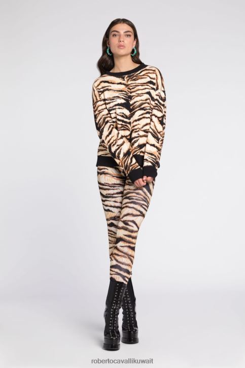 Roberto Cavalli نحيف العاج / الأسود كنزة من القطن بطبعة خليط من تصميم Animalier ملابس 4H40H295