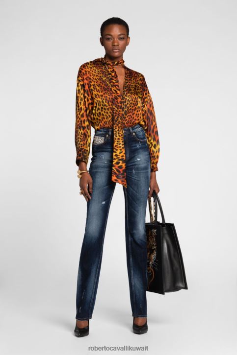 Roberto Cavalli نحيف حار جينز بأرجل مستقيمة وطبعات مرقعة من تصميم Animalier ملابس 4H40H393