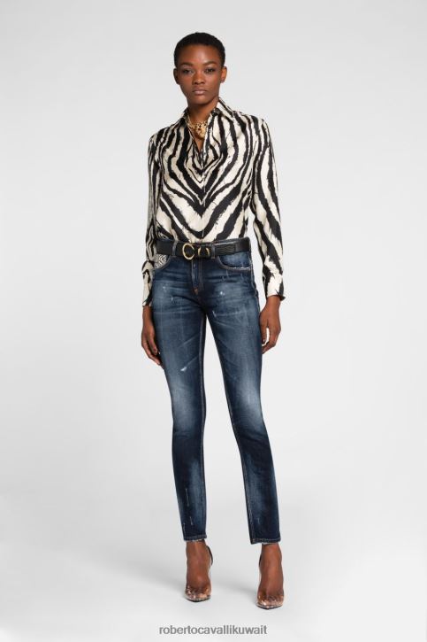 Roberto Cavalli نحيف رشيقة جينز ضيق مزين بطبعات مرقعة من تصميم Animalier ملابس 4H40H395