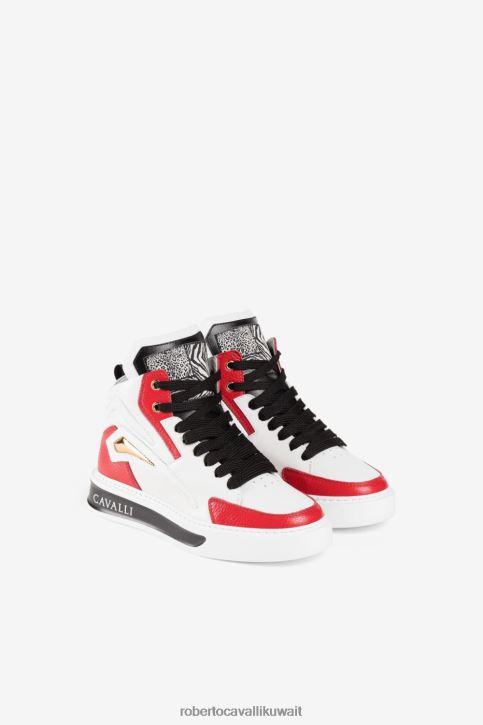 Roberto Cavalli نحيف أبيض/أحمر/ذهبي حذاء رياضي مزين بطبعات مرقعة من تصميم Animalier أحذية 4H40H476