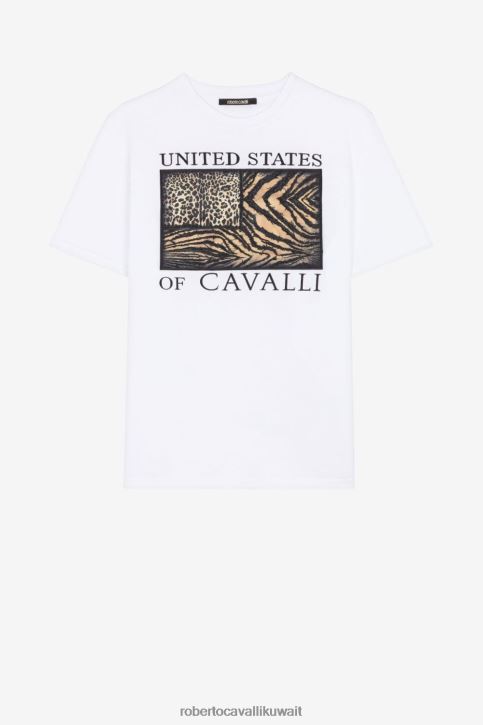 Roberto Cavalli رجال أنيق تيشيرت مزين بطبعة Animalier ملابس 4H40H753