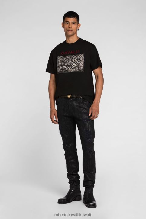 Roberto Cavalli رجال أنيق تيشيرت مزين بطبعة Animalier ملابس 4H40H771