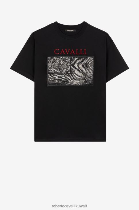 Roberto Cavalli رجال حار تيشيرت من القطن بتطريزات Animalier ملابس 4H40H772