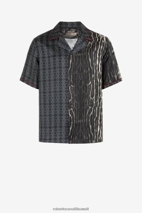 Roberto Cavalli رجال أنيق قميص حرير بطبعة مونوغرام من تصميم Ocelot وRC ملابس 4H40H826
