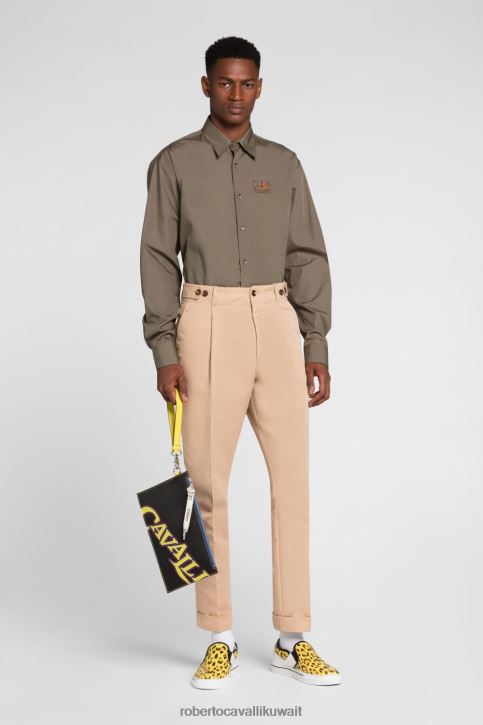 Roberto Cavalli رجال أنيق قميص حرير بطبعة مونوغرام من تصميم Ocelot وRC ملابس 4H40H826