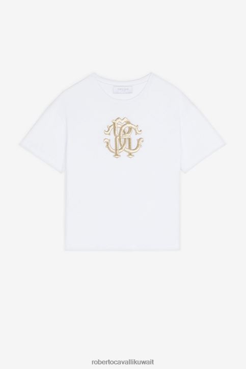 Roberto Cavalli فتيات قبالة الأبيض تيشيرت قطن مطرز بشعار RC ملابس 4H40H1272