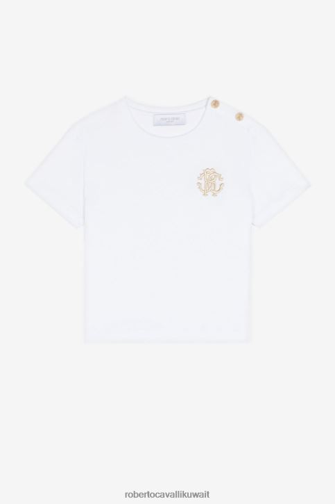 Roberto Cavalli فتيات قبالة الأبيض تيشيرت قطن مطرز بشعار RC ملابس 4H40H1548