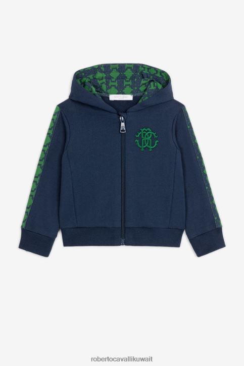 Roberto Cavalli أولاد أزرق هودي قطن مطرز بشعار RC ملابس 4H40H1583