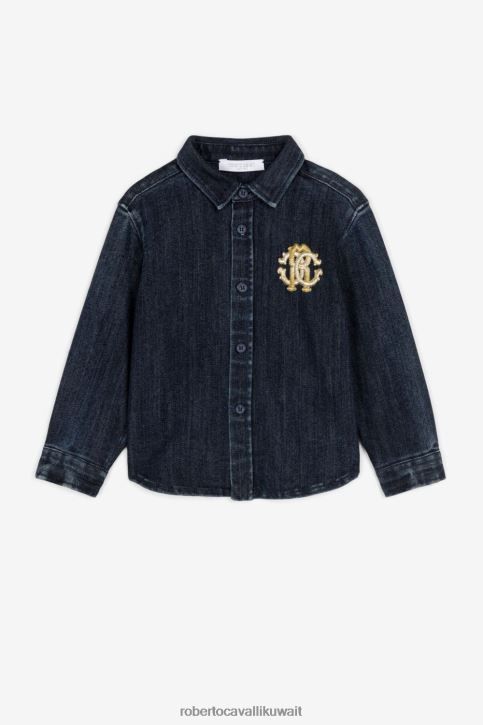 Roberto Cavalli أولاد ازرق متوسط قميص جينز بطبعة مونوغرام RC ملابس 4H40H1596