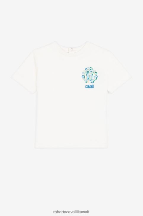 Roberto Cavalli أولاد أزرق تيشيرت قطن مطرز بشعار RC ملابس 4H40H1676