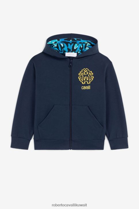 Roberto Cavalli أولاد الأزرق الداكن هودي بسحاب ومطرز بشعار RC ملابس 4H40H1710