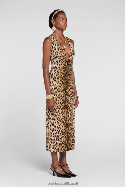 Roberto Cavalli نحيف موضة فستان برقبة على شكل حرف V بطبعة جلد الفهد ملابس 4H40H27