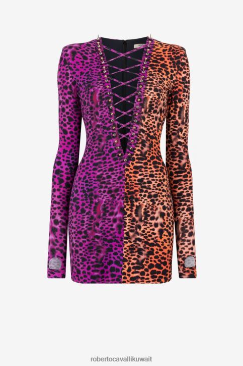 Roberto Cavalli نحيف أنيق فستان قصير ذو لونين ورقبة على شكل حرف V ملابس 4H40H78
