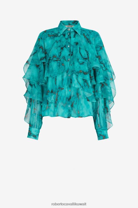 Roberto Cavalli نحيف d0359 جزء علوي بطباعة رخامية وكشكش ملابس 4H40H136