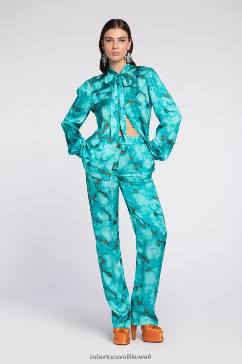 Roberto Cavalli نحيف d0359 جزء علوي بطباعة رخامية وكشكش ملابس 4H40H136