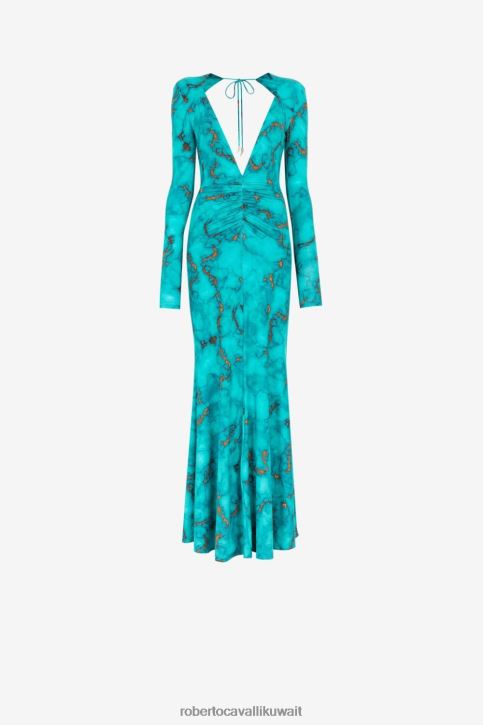 Roberto Cavalli نحيف d0359 فستان بطبعات رخامية وكشكشة ملابس 4H40H3