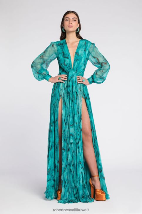 Roberto Cavalli نحيف d0359 فستان بطبعات رخامية وكشكشة ملابس 4H40H3