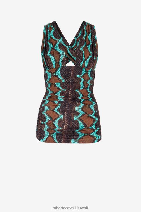 Roberto Cavalli نحيف t0778 بلوزة بدون أكمام بطبعة جلد الثعبان ملابس 4H40H138